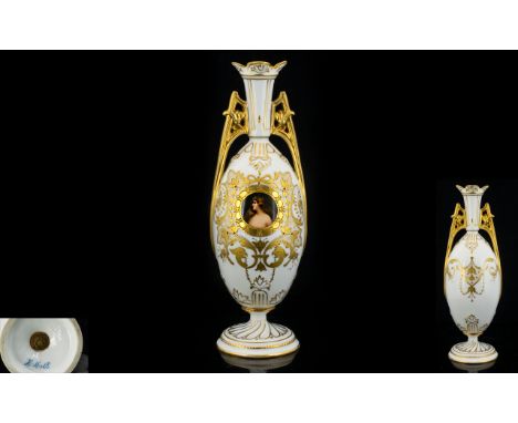 Early 20th Century Bohemian Twin Handle Footed Bud Vase Ivory ground with gilt painted floral and foliate scroll enamels, cen