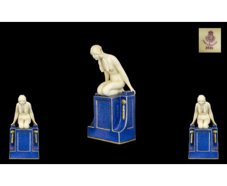 Royal Worcester Art Deco Figure Modelled as a Naked Girl In Biscuit Glaze, Kneeling on an Architectural Plinth Panels In mott