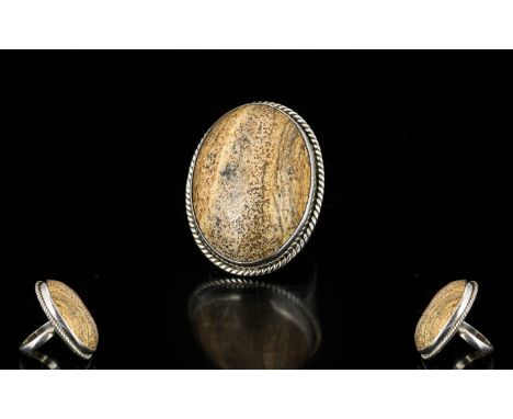 Picture Jasper Statement Ring, an oval cut cabochon of 35cts of picture jasper, a beautifully striated natural variety of jas