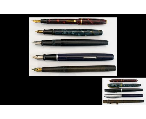 A Collection of Vintage and Old Fountain Pens ( 5 ) Five In Total. Comprises 1/ Platignum Silver Line Fountain Pen, Black Har