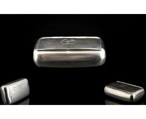 Swedish Mid 20th Century Solid Silver Hinged Snuff Box with Gilt Interior of Pleasing Form and Quality. Marked 830 for Silver