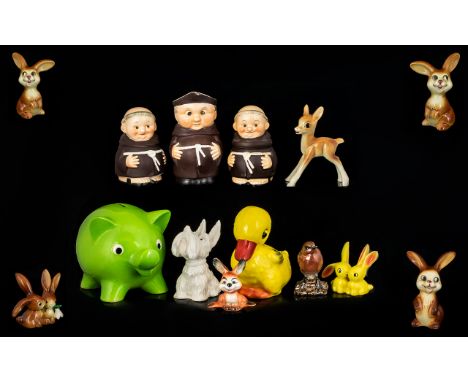Collection Of Ceramic Figures To Include 3 Hummel Goebel Monk Figurines, 2 Goebel Novelty Money Boxes + 8 Various Animal Figu