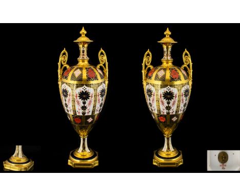 Royal Crown Derby Hand Painted Pair of Old Imari - 22ct Solid Gold Band Twin Handle Urn Shaped Vases. Pattern No 1128 &amp; D