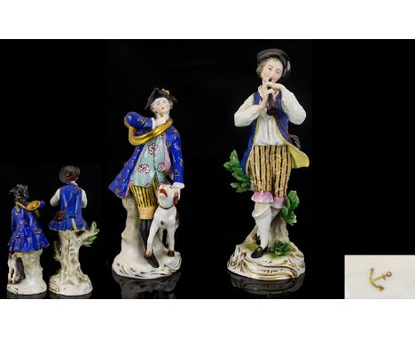 Samson French Derby Style Handpainted Porcelain Figure  circa 1870.  Huntsman with Flugel Horn and Bloodhound.  Gold anchor t