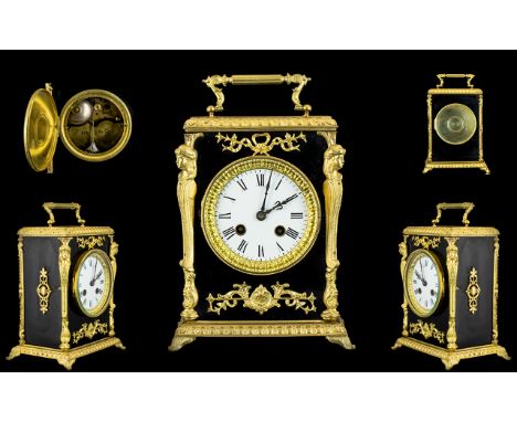 French Mid 19th Century Belle Epoque Superb Gilt Metal Mantel Clock - by Japy Freres, features figures to front covered carry