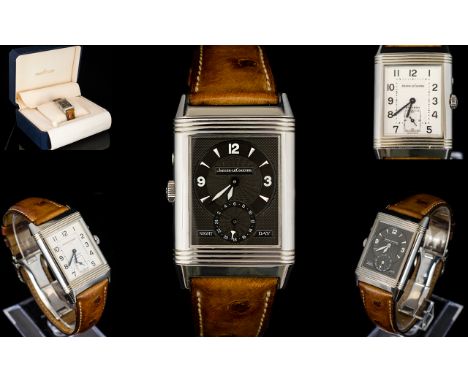 Jaeger - Le - Coultre 270854 - Very Fine Reverso Duo-face Night and Day Steel Wrist Watch with Original Tan Leather Strap. Re