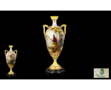 Royal Worcester - Attractive Hadleys Hand Painted Twin Handle Urn Shaped Vase of Pleasing Proportions ' Pheasants In a Woodla