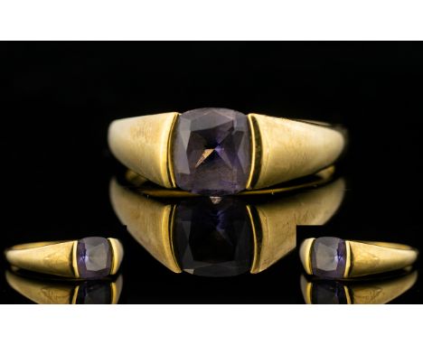 A 9ct Gold Amethyst Ring Set with cushion cut amethyst, fully hallmarked, ring size R. 