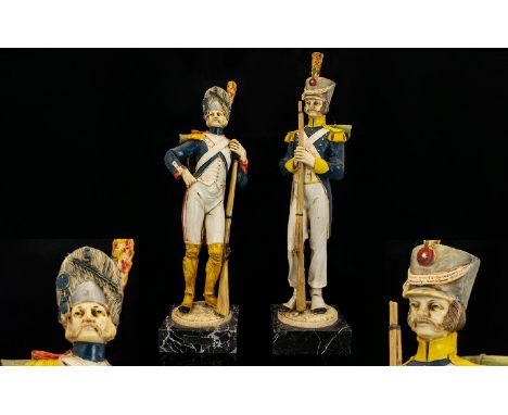 Italian Pair of 1960s Impressive &amp; Tall Handpainted French Neopoleonic Soldiers mounted on Carrara Square Marble Bases. E