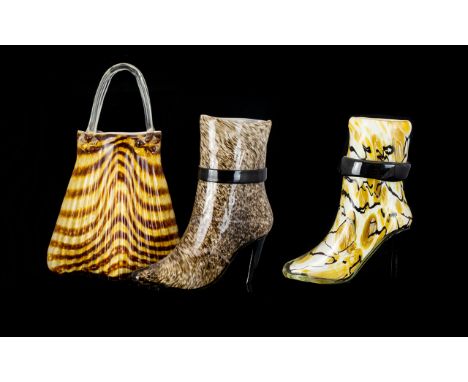 A Collection of Decorative Glassware in the shape of a Large Handbag and Two (2) Boots.  Handbag approx 14" tall in animal pr