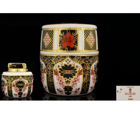 Royal Crown Derby Old Imari Pattern Table Single Gold Band 22ct Cigarette Lighter with Cover, Barrel Shaped. Pattern No 1128 