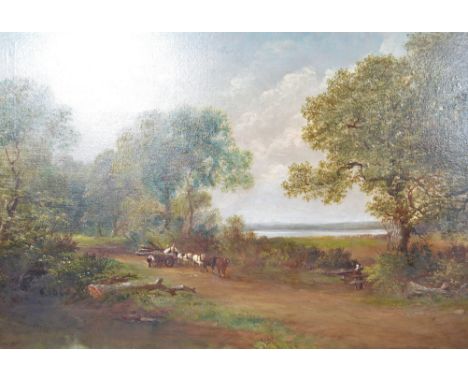 H Sherborne (b1800 - ) A 19th century English school country scene of a horse and cart with workmen on wooded trail with woma