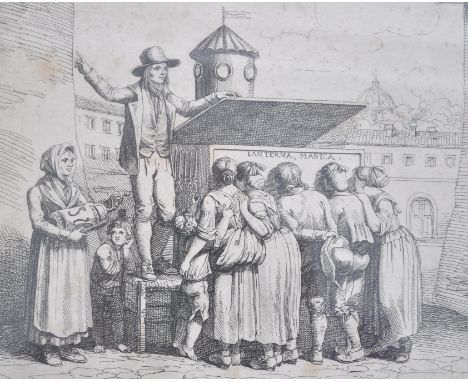 A 19th century lithograph print entitled ' La Lanterna Magica ' at Pinelli Fere 1815 Rome. The print of a showman and large t