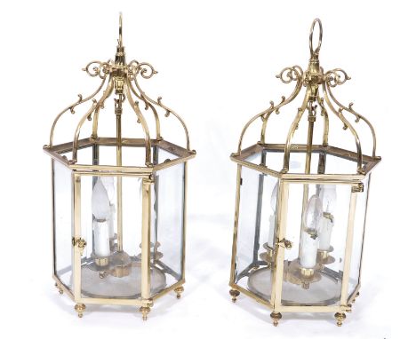 A very good pair of early 20th century brass and&nbsp; bevelled glass Regency revival porch / hall lanterns. Each of hexagona
