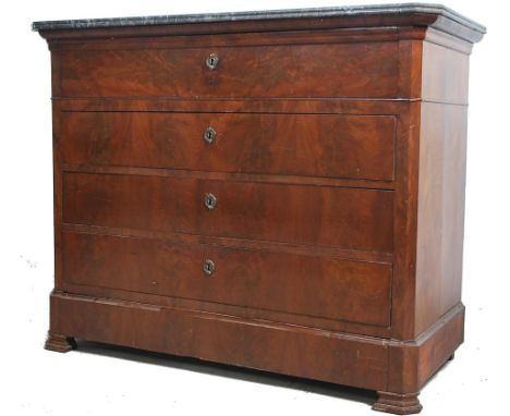 A 19th century French flame mahogany and black/grey veined marble commode secretaire chest of drawers being raised on bracket