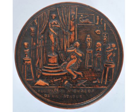 A good 18th century circular pressed wood snuff box, the lid with naked lady prancing around a room of art objects. Inscribed