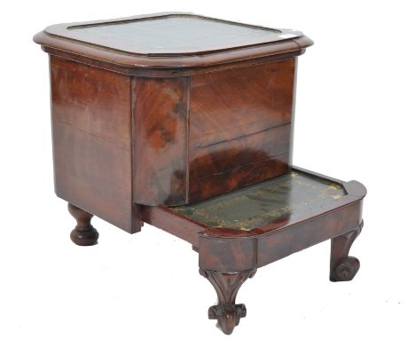 A 19th century flame mahogany library step commode having a pull out step with green tooled leather and gilt detailing, raise