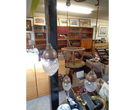 Edwardian copper triple light fitting with drop glass shades