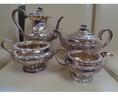 Good quality Wiliam IV 4 Piece Silver Floral repousse teaset comprissing of Teapot, water Jug, Creamer &amp; Sucrier by Jonat