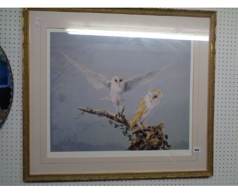 Large Gilt framed print of Barn Owls by Spencer Hodge signed in Pencil