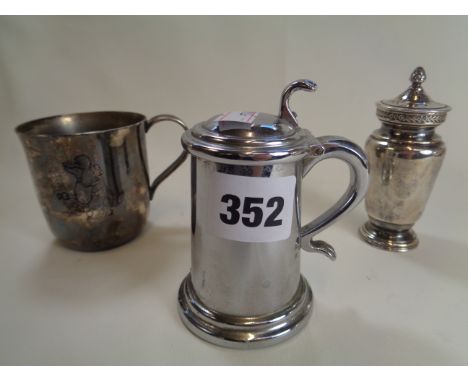 Dunhill Silverplated Tankard style table lighter, Elkington Silverplated pepperette and a Silverplated mug