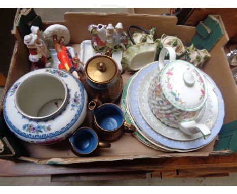 Minton Haddon Hall teapot, Coal port Christmas Caroller figurine and assorted pottery