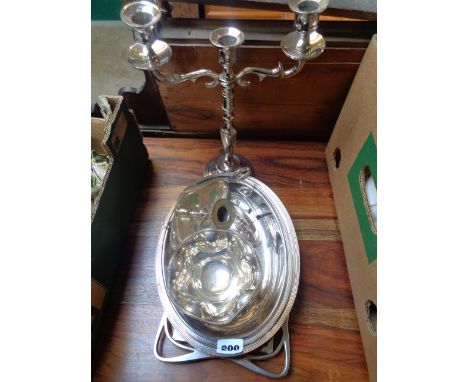 Silverplated 3 branch candlestick, Silverplated lidded tureen and assorted Silverplated ware
