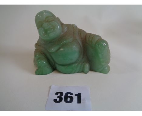 Early 20thC Carved green and Pink Jade figure of a Recumbent Budda