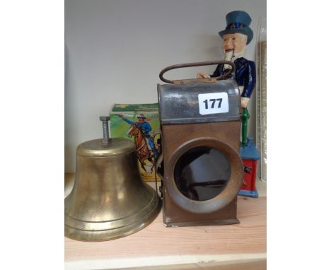 Uncle Sam Cast Iron automated moneybox, School brass bell, Carriage lamp and a boxed Wild West Echo horse