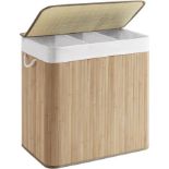 SONGMICS LCB091N01 Laundry Basket, 150 L Laundry Basket, 3 Compartments Sorting Compartments, Bamboo