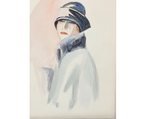 ‡&nbsp;Dorte Clara Dodo Burgner (1907-1998) Portrait of a Woman in a Black Hat, pencil and watercolour on paper, mounted unsi