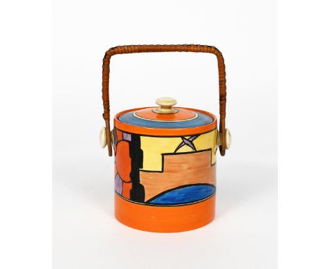 'Sunray' a Clarice Cliff Bizarre Hereford biscuit barrel and cover, painted in colours between orange bands, the cover with o