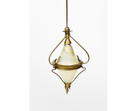 A W.A.S Benson brass ceiling light,  with flaring conical vaseline glass shades, frame stamped A Bastet Lyon, 26cm. long Lite