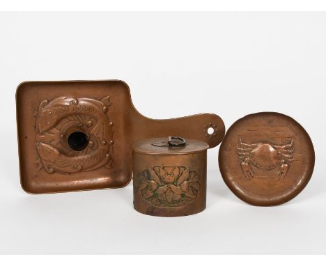 A Newlyn Industrial Classes patinated copper tea caddy and cover,  elliptical form, hammered in low relief with a panel of co
