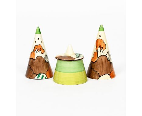 'Alton' a Clarice Cliff Fantasque Bizarre Conical cruet set, painted in colours printed factory marks,  8cm. high, (4)