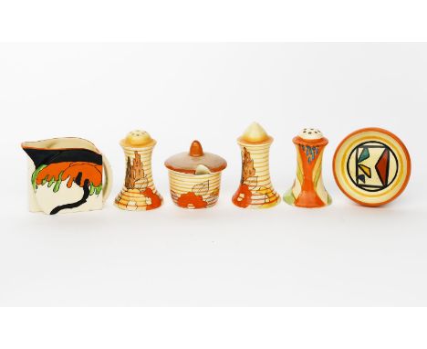 'Capri' a Clarice Cliff cruet set, painted in colours, comprising salt and pepper pots, mustard pot and cover, a Woodland Sta