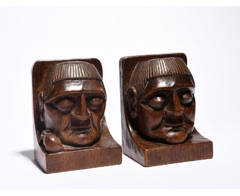 A pair of Robert Mouseman Thompson oak Monk bookends, designed by Robert Thompson probably made by George Weightman in the 19