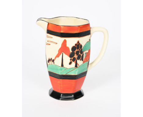 'Red Trees and House' a Clarice Cliff Fantasque Bizarre Athens jug, painted in colours between red and black bands, printed f