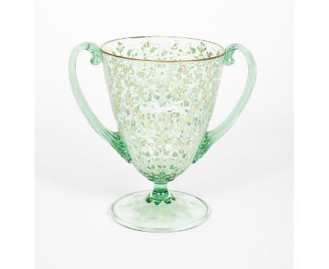 A S.A.L.I.R enamelled glass vase designed by Vitorio Zecchin,  the twin-handled, footed cup form of pale green glass enamelle