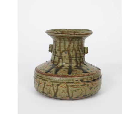 Janet Leach (1918-1997) a Leach Pottery stoneware vase with lug handles, shouldered form with cylindrical neck and everted ri