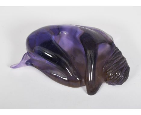 A modern Daum glass model of a lady resting designed by Sylvie Mangaud-Lasseigne, amethyst glass etched SML Daum France 201/5