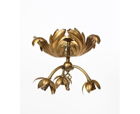 An Art Nouveau three light brass ceiling light in the manner of W.A.S Benson, the three arms with foliate shade terminals, tw