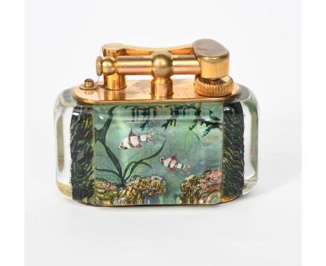 A Dunhill Aquarium table lighter designed by Margaret Bennett, the perspex panels reverse painted with an exotic fish on one 