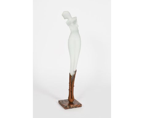 A tall frosted glass and metal sculpture of a woman by Matsigevski in the manner of Salvador Dali,  the surrealist torso on m