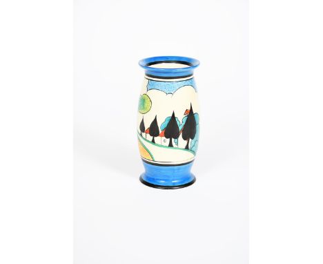 'May Avenue' a rare Clarice Cliff Bizarre vase,  shape no.205, painted in colours between blue and black bands printed factor