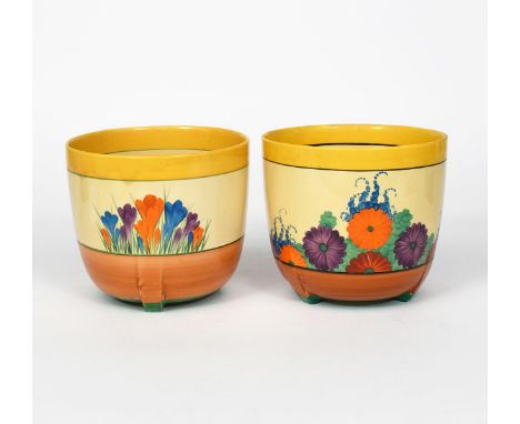 'Crocus' a Clarice Cliff Bizarre Dover jardiniere, painted in colours between yellow and brown bands and a Clarice Cliff Gay 