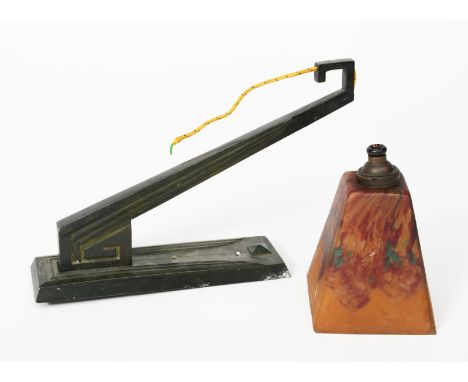 A Daum glass shade with patinated metal wall light fitting,  flaring, square section orange glass shade with colour inclusion