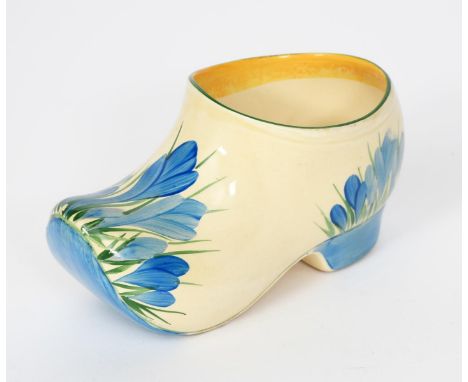 'Blue Crocus' a Clarice Cliff large Clog, painted in colours printed factory marks, 14cm. wide
