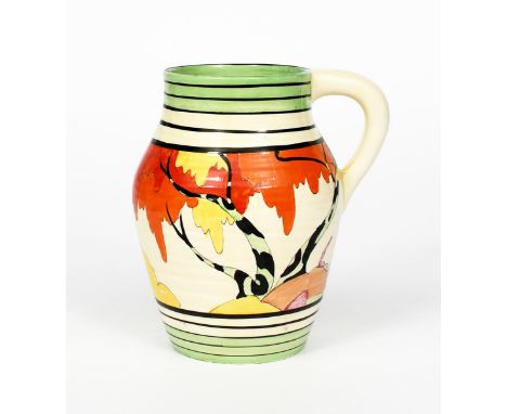 'Honolulu' a Clarice Cliff Bizarre single-handled Isis vase, painted in colours between black and green bands printed factory