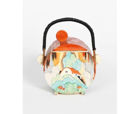'Forest Glen' a Clarice Cliff Bizarre Bon Jour biscuit barrel and cover, painted in colours, with cane handle, printed factor